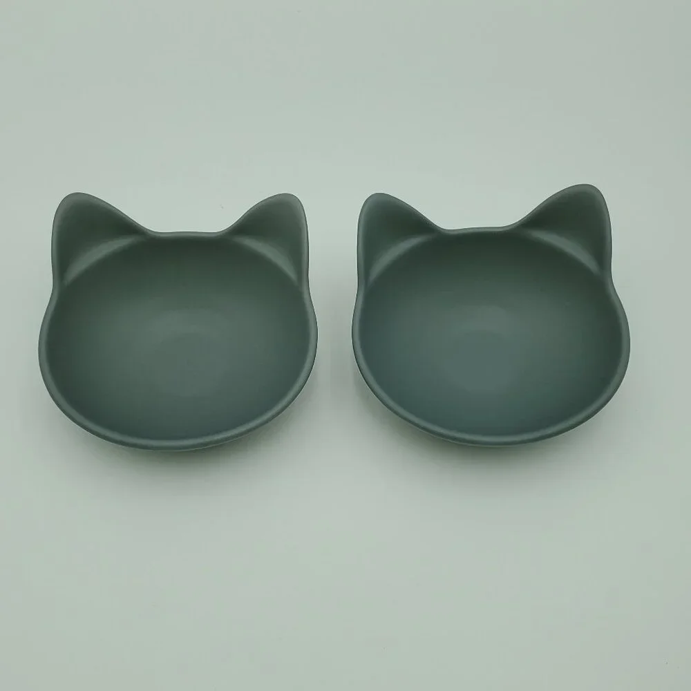 Every Yay Dining In Cat Bowls Gray Stoneware Cat Head Shaped Food Water Dishes
